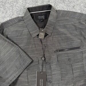Triumph Tragedy Large Gray Striped Short Sleeve Button Up Shirt Pocket NWT Men's